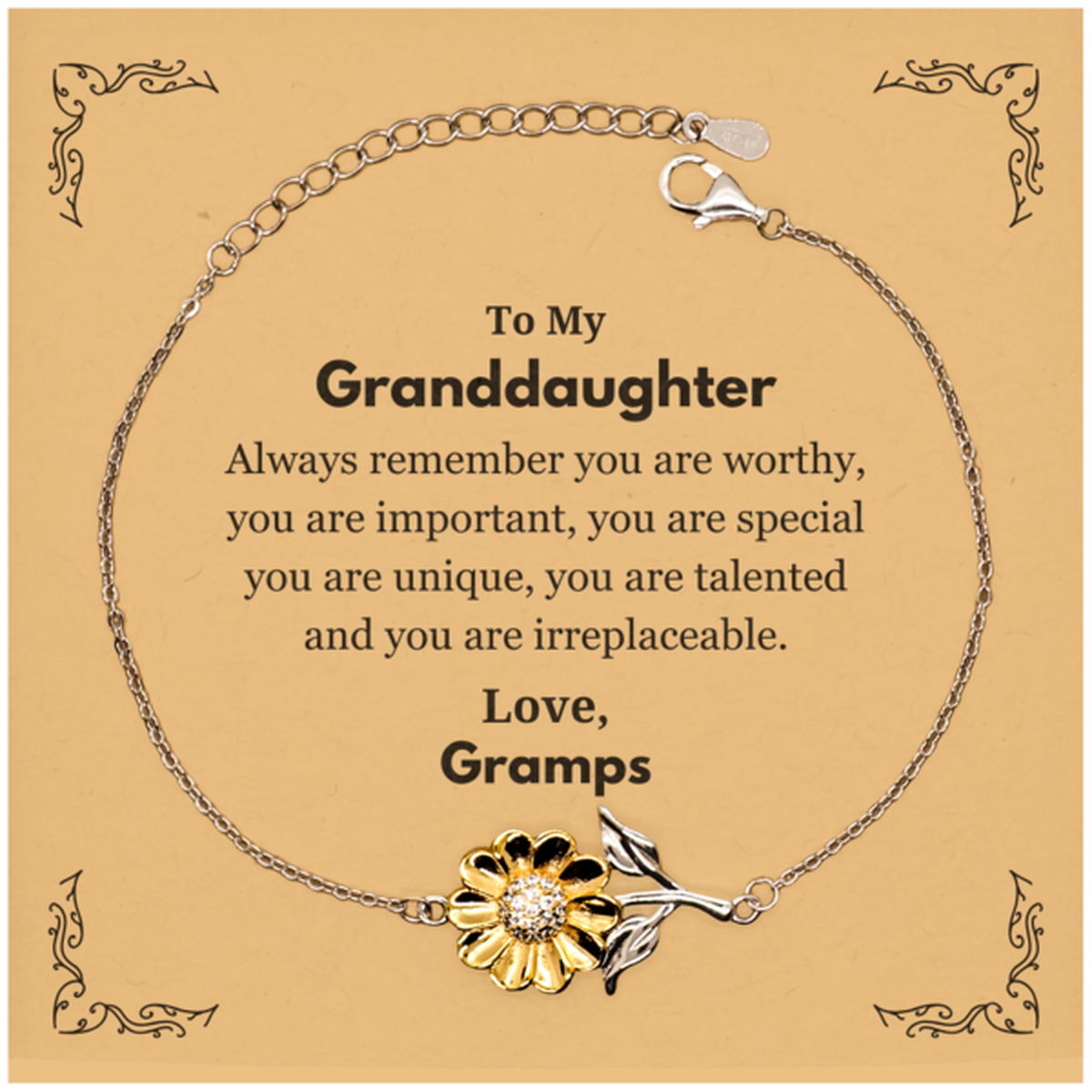 Granddaughter Birthday Gifts from Gramps, Inspirational Sunflower Bracelet for Granddaughter Christmas Graduation Gifts for Granddaughter Always remember you are worthy, you are important. Love, Gramps