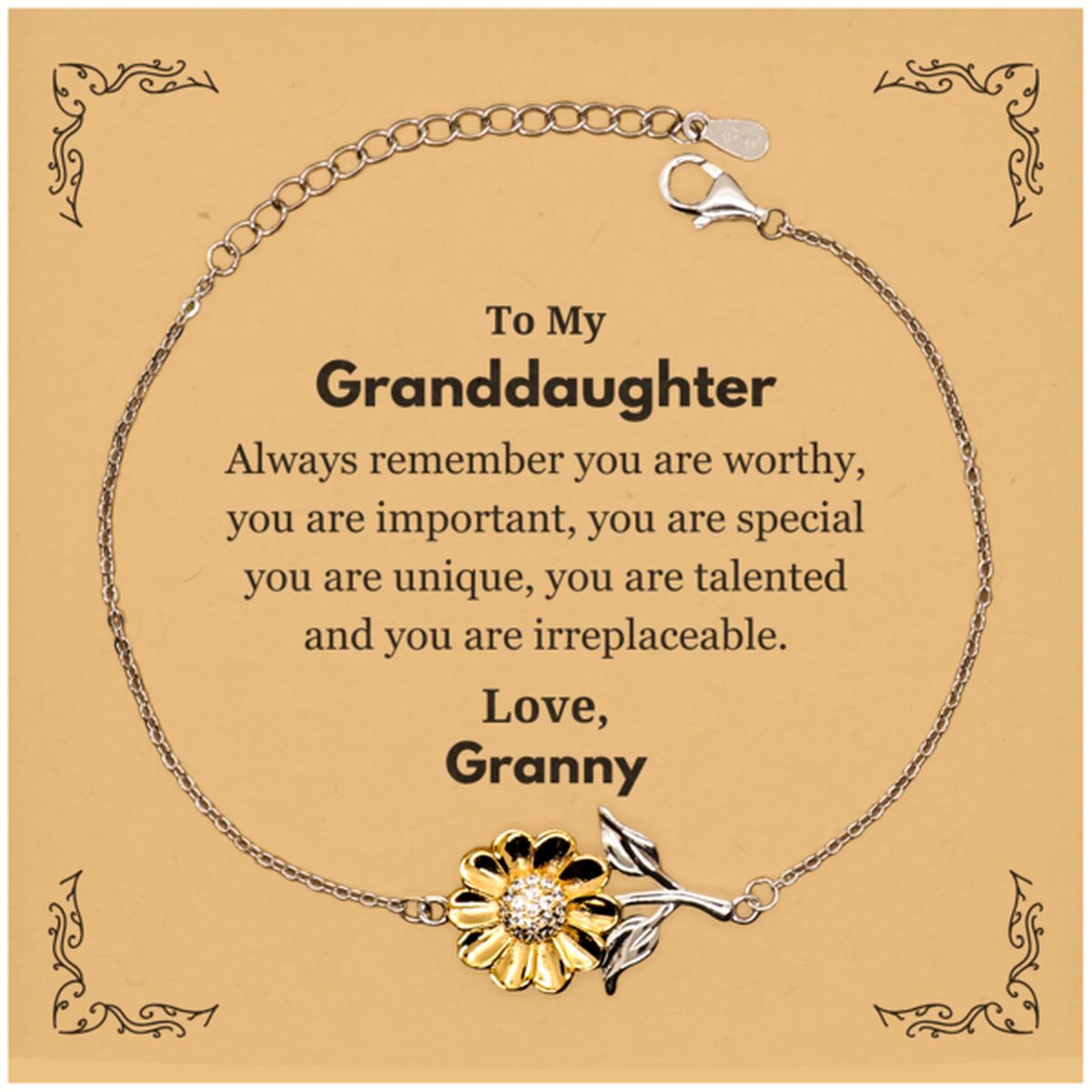 Granddaughter Birthday Gifts from Granny, Inspirational Sunflower Bracelet for Granddaughter Christmas Graduation Gifts for Granddaughter Always remember you are worthy, you are important. Love, Granny