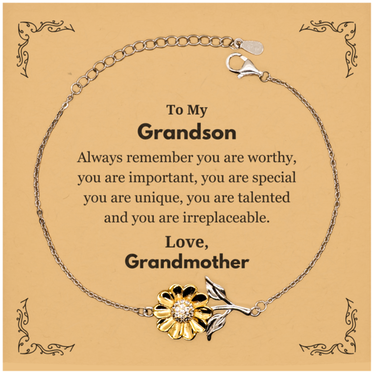 Grandson Birthday Gifts from Grandmother, Inspirational Sunflower Bracelet for Grandson Christmas Graduation Gifts for Grandson Always remember you are worthy, you are important. Love, Grandmother