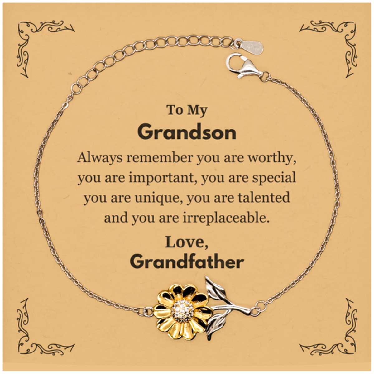 Grandson Birthday Gifts from Grandfather, Inspirational Sunflower Bracelet for Grandson Christmas Graduation Gifts for Grandson Always remember you are worthy, you are important. Love, Grandfather