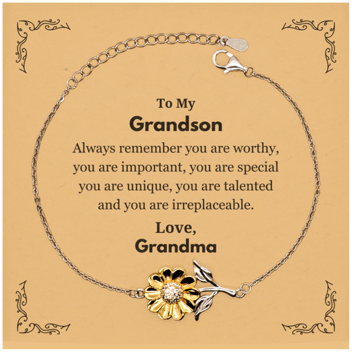 Grandson Birthday Gifts from Grandma, Inspirational Sunflower Bracelet for Grandson Christmas Graduation Gifts for Grandson Always remember you are worthy, you are important. Love, Grandma