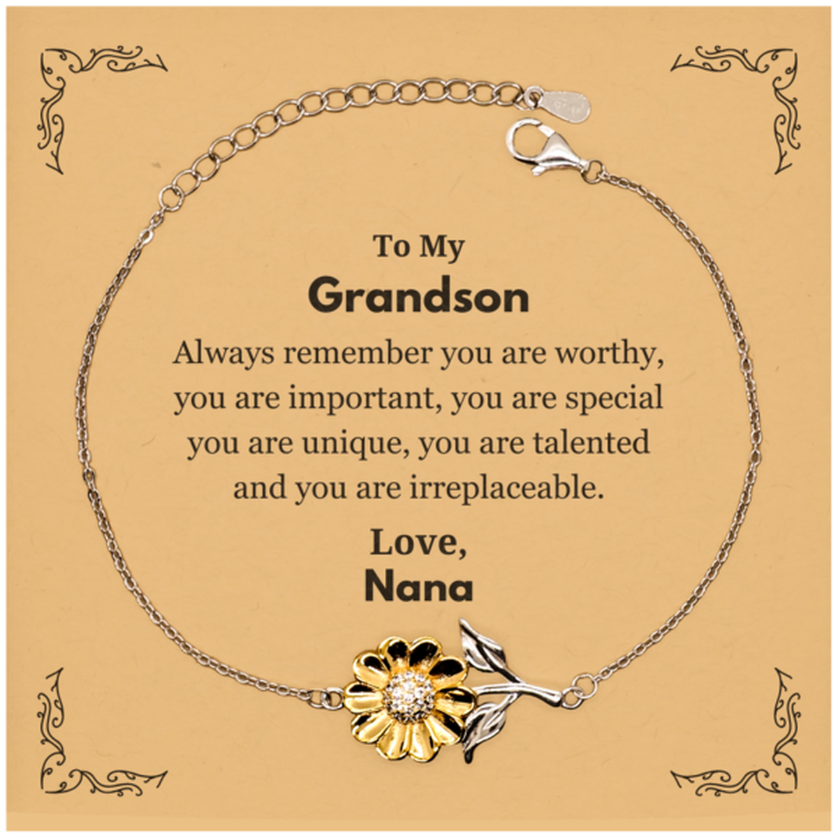 Grandson Birthday Gifts from Nana, Inspirational Sunflower Bracelet for Grandson Christmas Graduation Gifts for Grandson Always remember you are worthy, you are important. Love, Nana