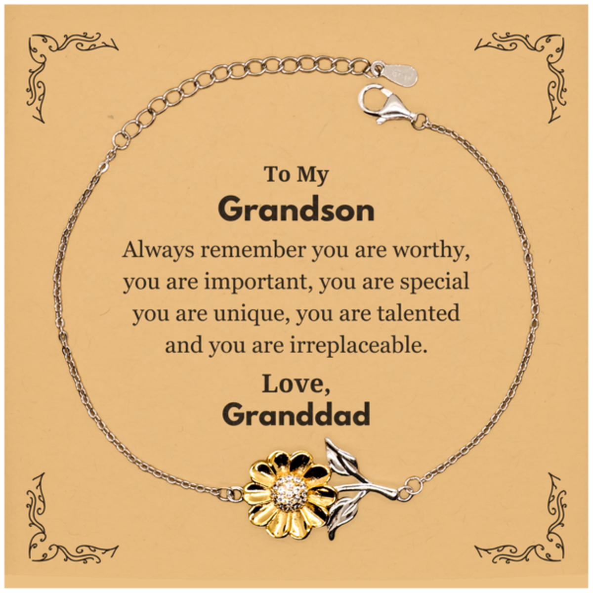 Grandson Sunflower Bracelet - 'Always Remember You Are Worthy' | Inspirational Gift