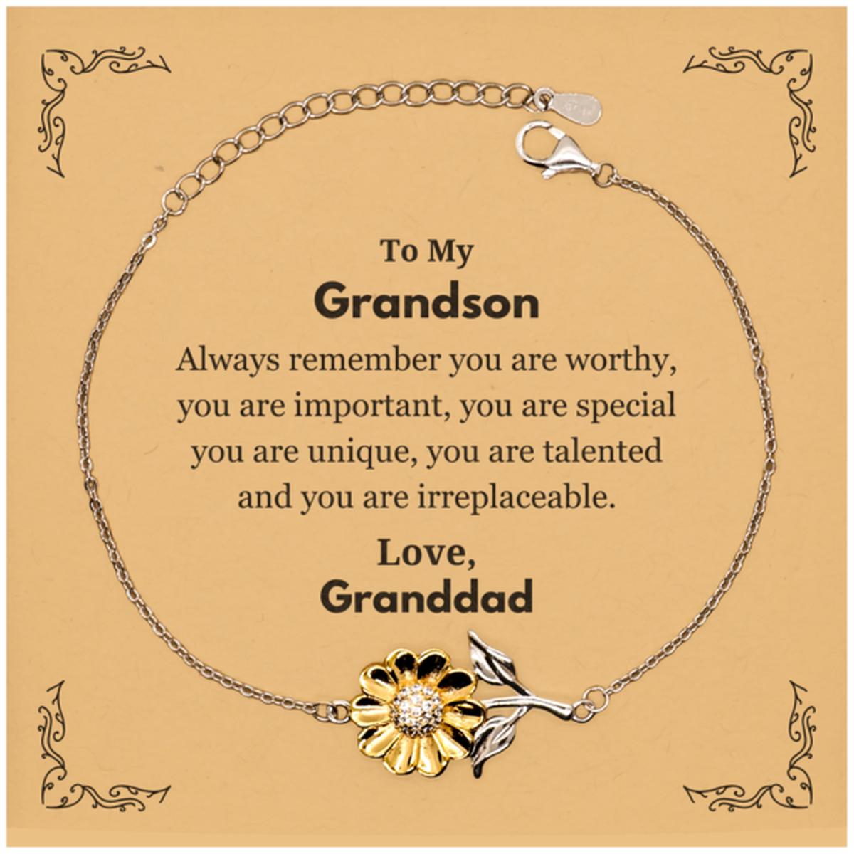 Grandson Birthday Gifts from Granddad, Inspirational Sunflower Bracelet for Grandson Christmas Graduation Gifts for Grandson Always remember you are worthy, you are important. Love, Granddad