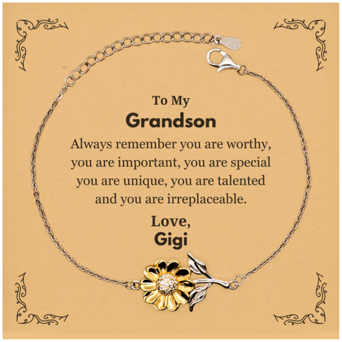 Grandson Birthday Gifts from Gigi, Inspirational Sunflower Bracelet for Grandson Christmas Graduation Gifts for Grandson Always remember you are worthy, you are important. Love, Gigi