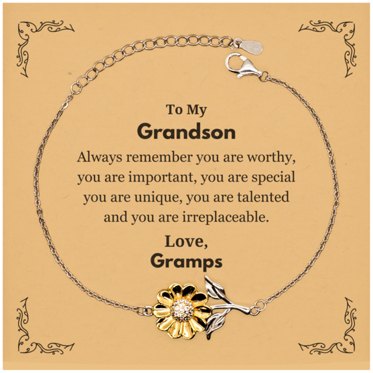 Grandson Birthday Gifts from Gramps, Inspirational Sunflower Bracelet for Grandson Christmas Graduation Gifts for Grandson Always remember you are worthy, you are important. Love, Gramps