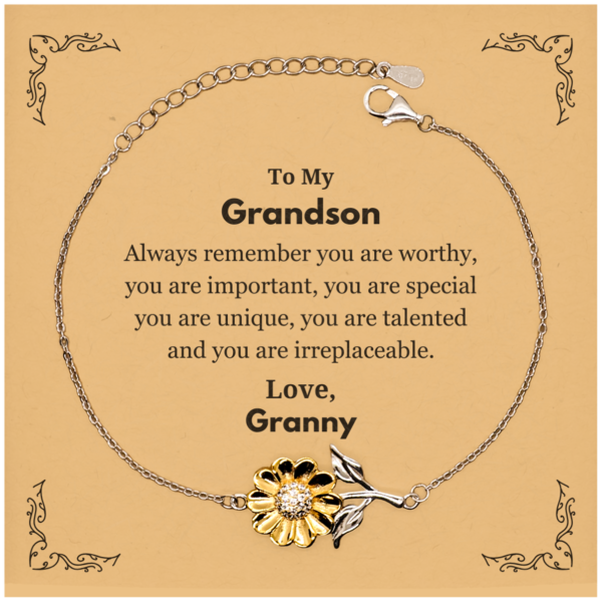 Grandson Birthday Gifts from Granny, Inspirational Sunflower Bracelet for Grandson Christmas Graduation Gifts for Grandson Always remember you are worthy, you are important. Love, Granny