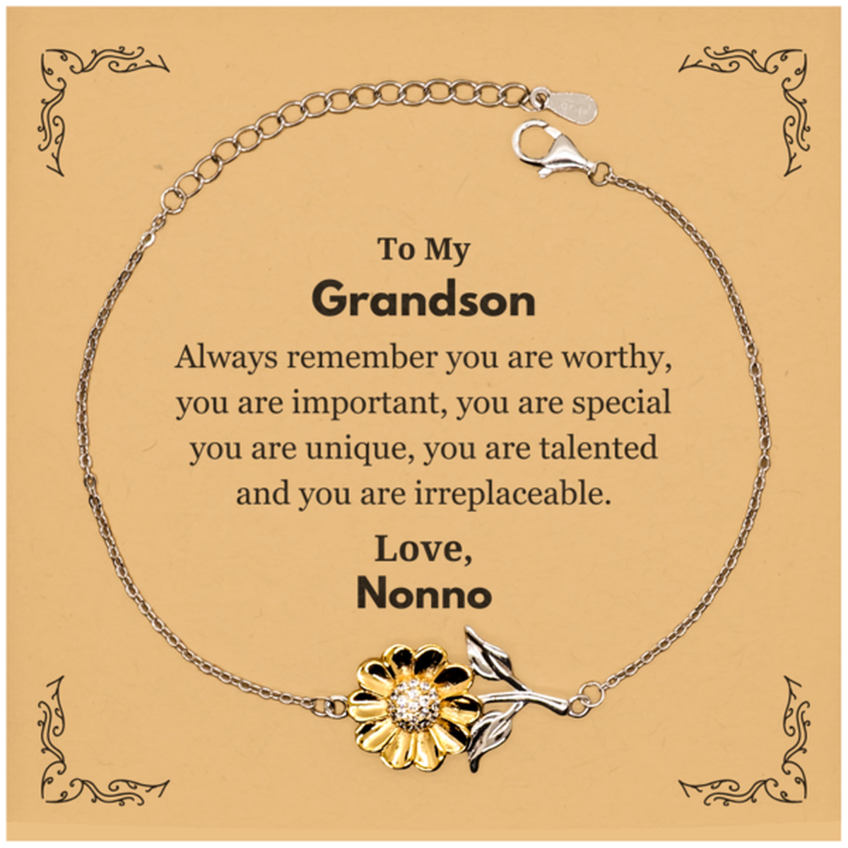 Grandson Birthday Gifts from Nonno, Inspirational Sunflower Bracelet for Grandson Christmas Graduation Gifts for Grandson Always remember you are worthy, you are important. Love, Nonno