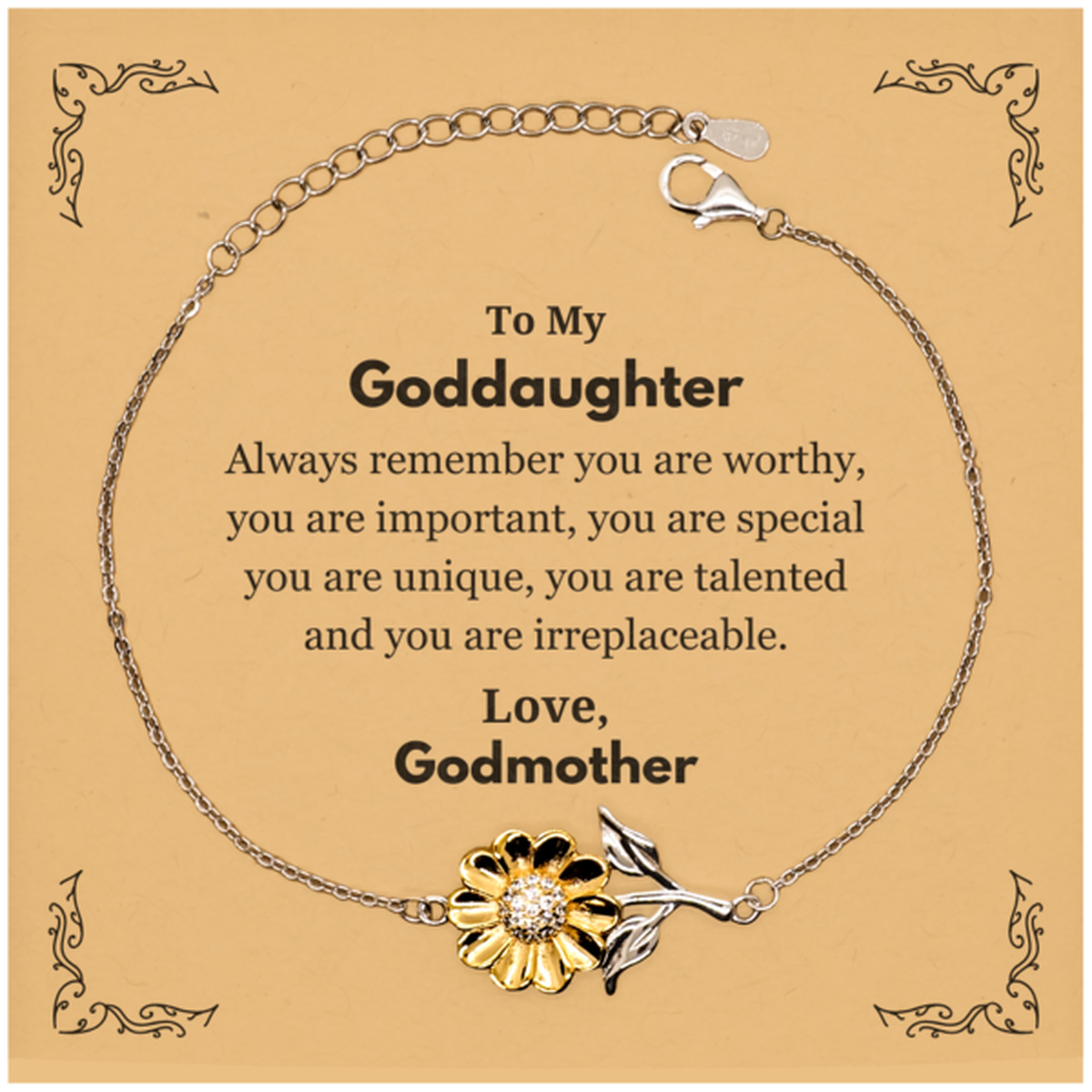 Goddaughter Birthday Gifts from Godmother, Inspirational Sunflower Bracelet for Goddaughter Christmas Graduation Gifts for Goddaughter Always remember you are worthy, you are important. Love, Godmother