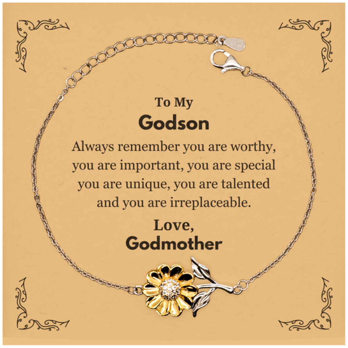 Godson Birthday Gifts from Godmother, Inspirational Sunflower Bracelet for Godson Christmas Graduation Gifts for Godson Always remember you are worthy, you are important. Love, Godmother