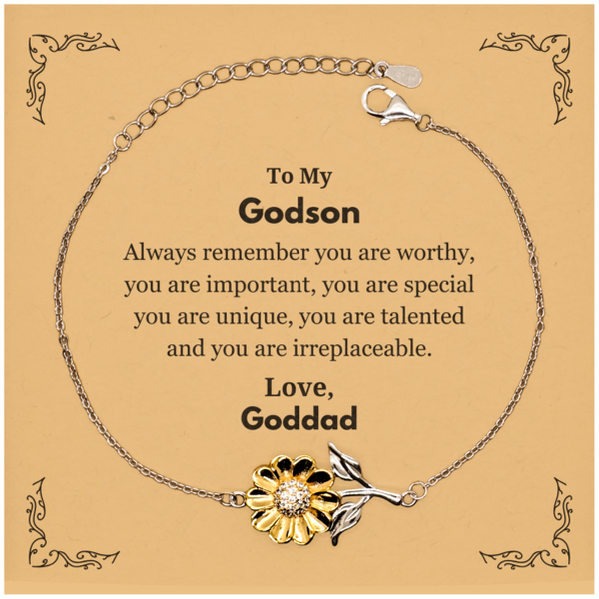 Godson Birthday Gifts from Goddad, Inspirational Sunflower Bracelet for Godson Christmas Graduation Gifts for Godson Always remember you are worthy, you are important. Love, Goddad