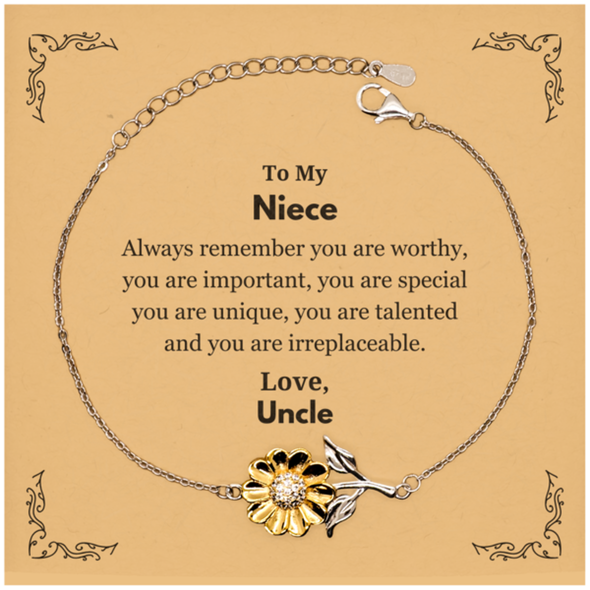 Niece Birthday Gifts from Uncle, Inspirational Sunflower Bracelet for Niece Christmas Graduation Gifts for Niece Always remember you are worthy, you are important. Love, Uncle