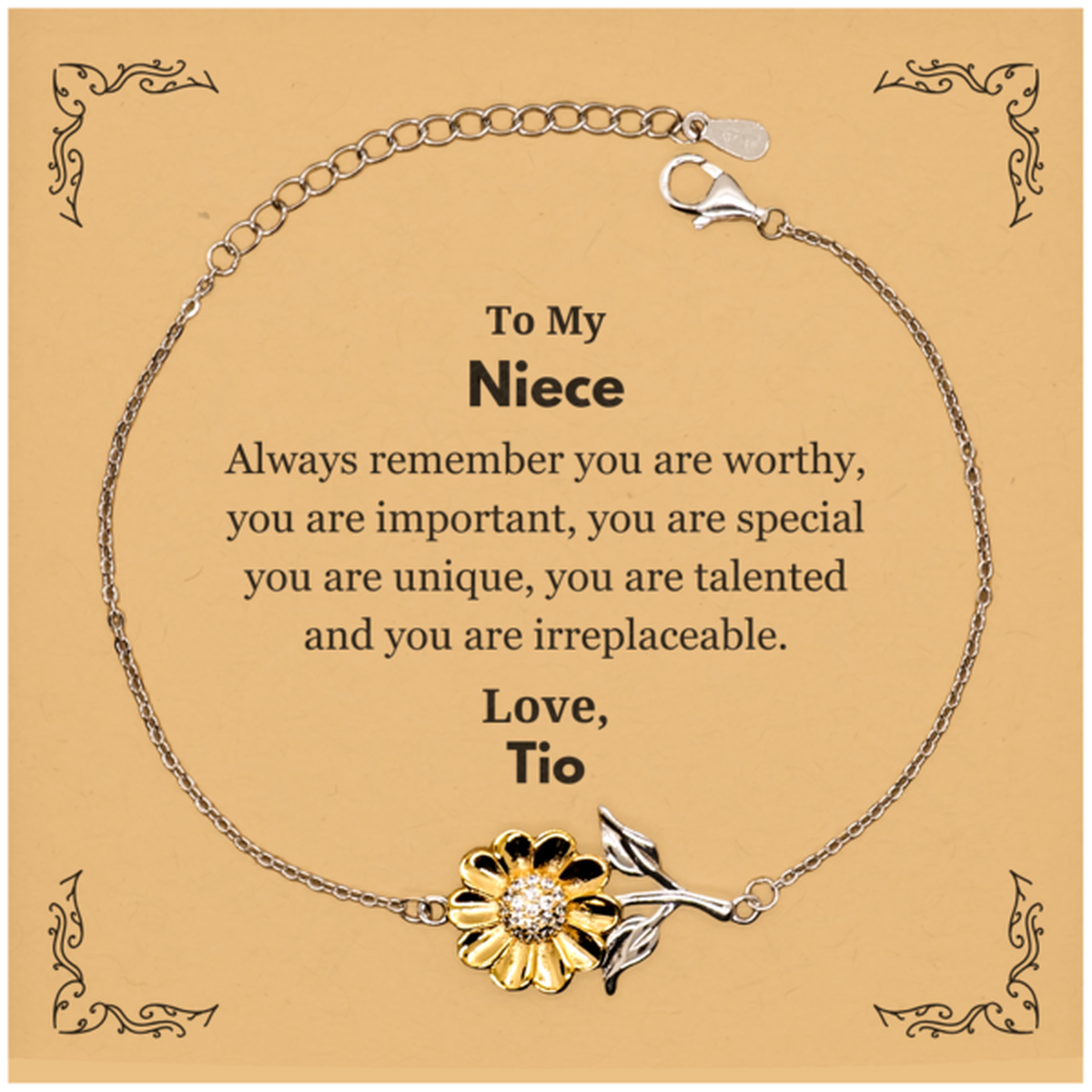 Niece Birthday Gifts from Tio, Inspirational Sunflower Bracelet for Niece Christmas Graduation Gifts for Niece Always remember you are worthy, you are important. Love, Tio
