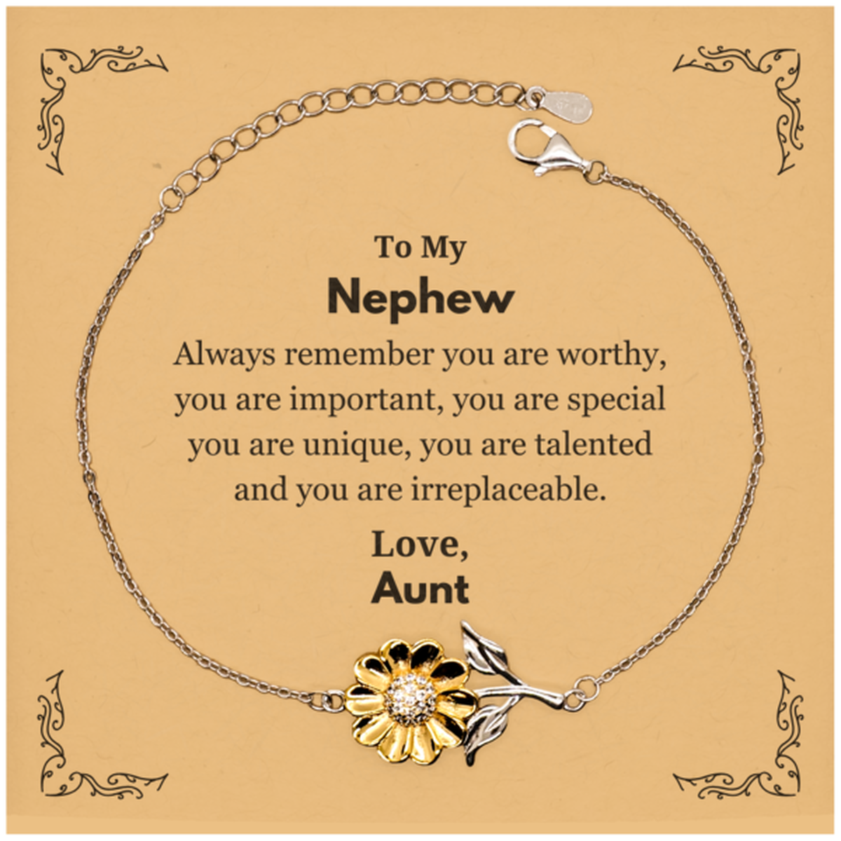 Nephew Birthday Gifts from Aunt, Inspirational Sunflower Bracelet for Nephew Christmas Graduation Gifts for Nephew Always remember you are worthy, you are important. Love, Aunt