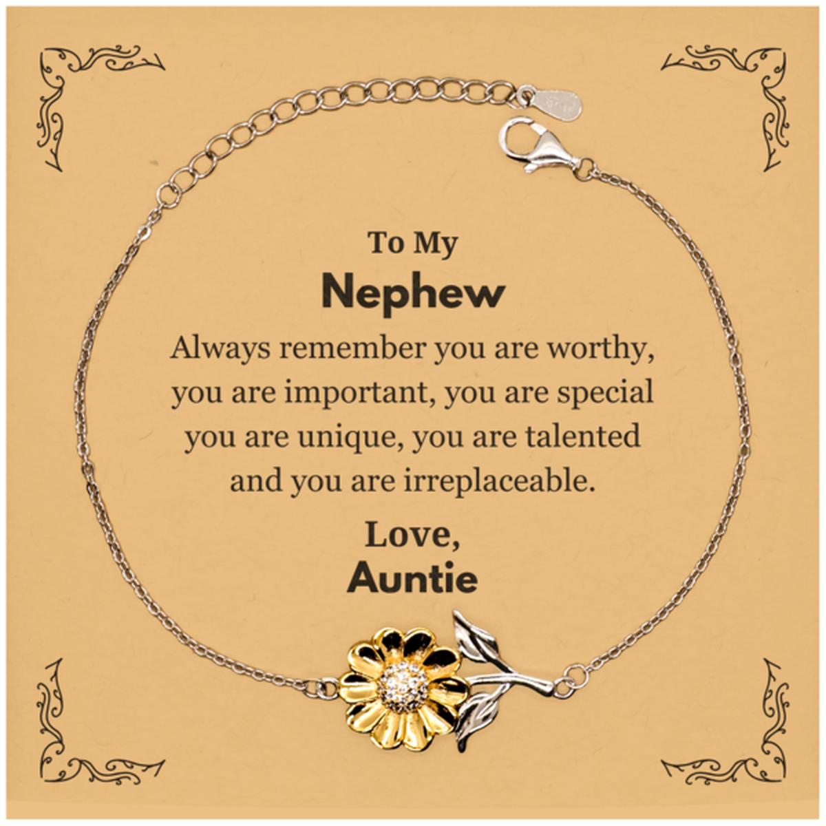 Nephew Birthday Gifts from Auntie, Inspirational Sunflower Bracelet for Nephew Christmas Graduation Gifts for Nephew Always remember you are worthy, you are important. Love, Auntie