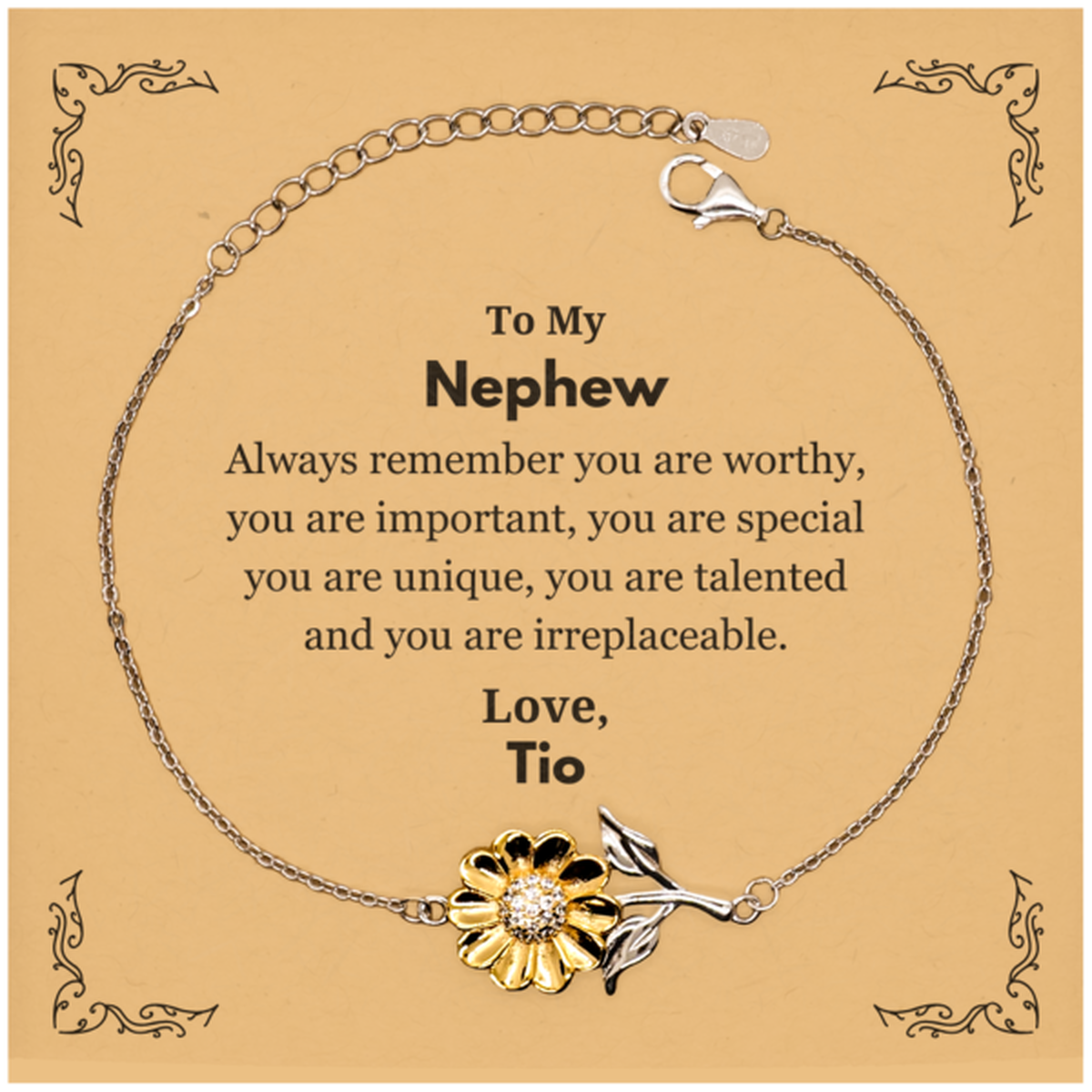 Nephew Birthday Gifts from Tio, Inspirational Sunflower Bracelet for Nephew Christmas Graduation Gifts for Nephew Always remember you are worthy, you are important. Love, Tio