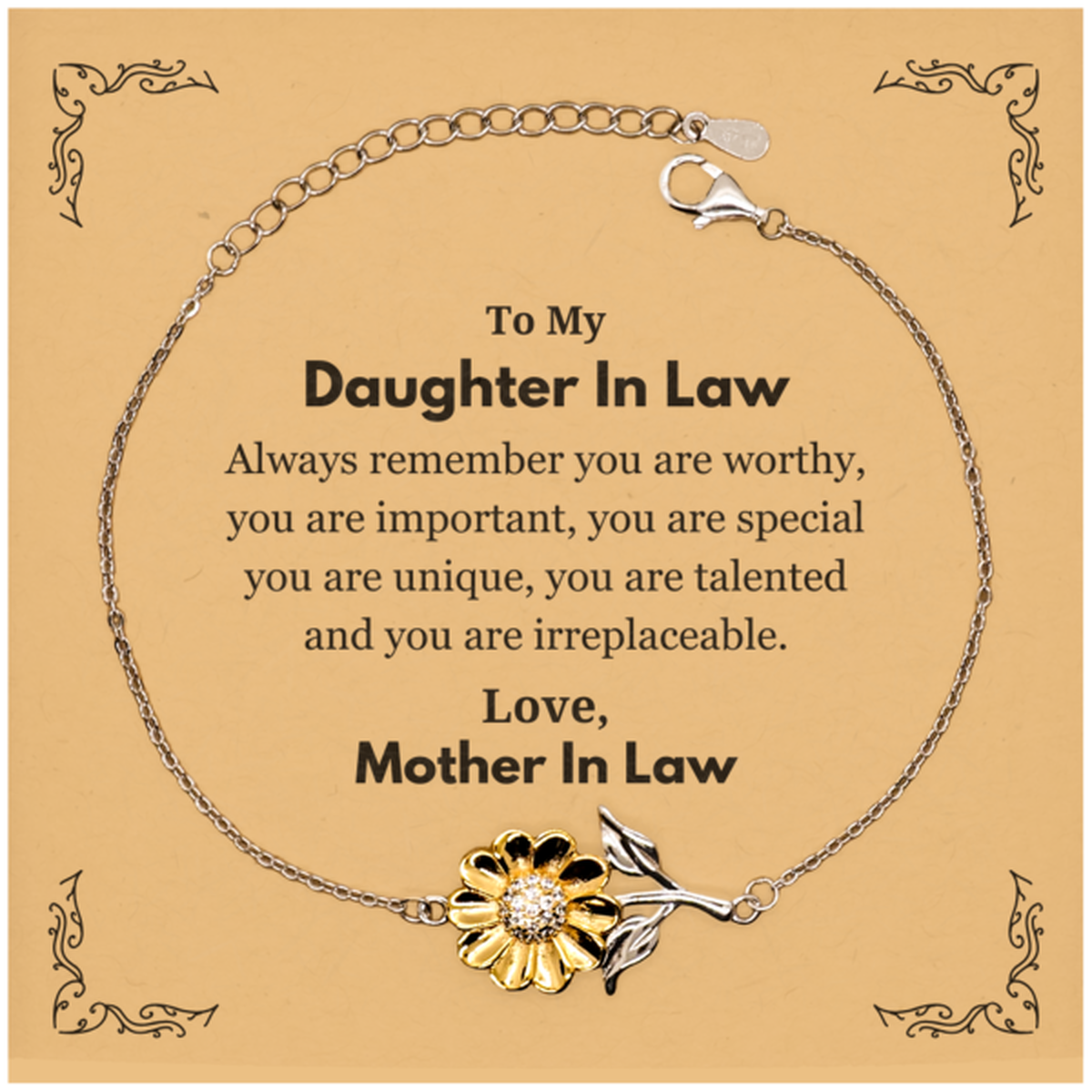 Daughter In Law Birthday Gifts from Mother In Law, Inspirational Sunflower Bracelet for Daughter In Law Christmas Graduation Gifts for Daughter In Law Always remember you are worthy, you are important. Love, Mother In Law