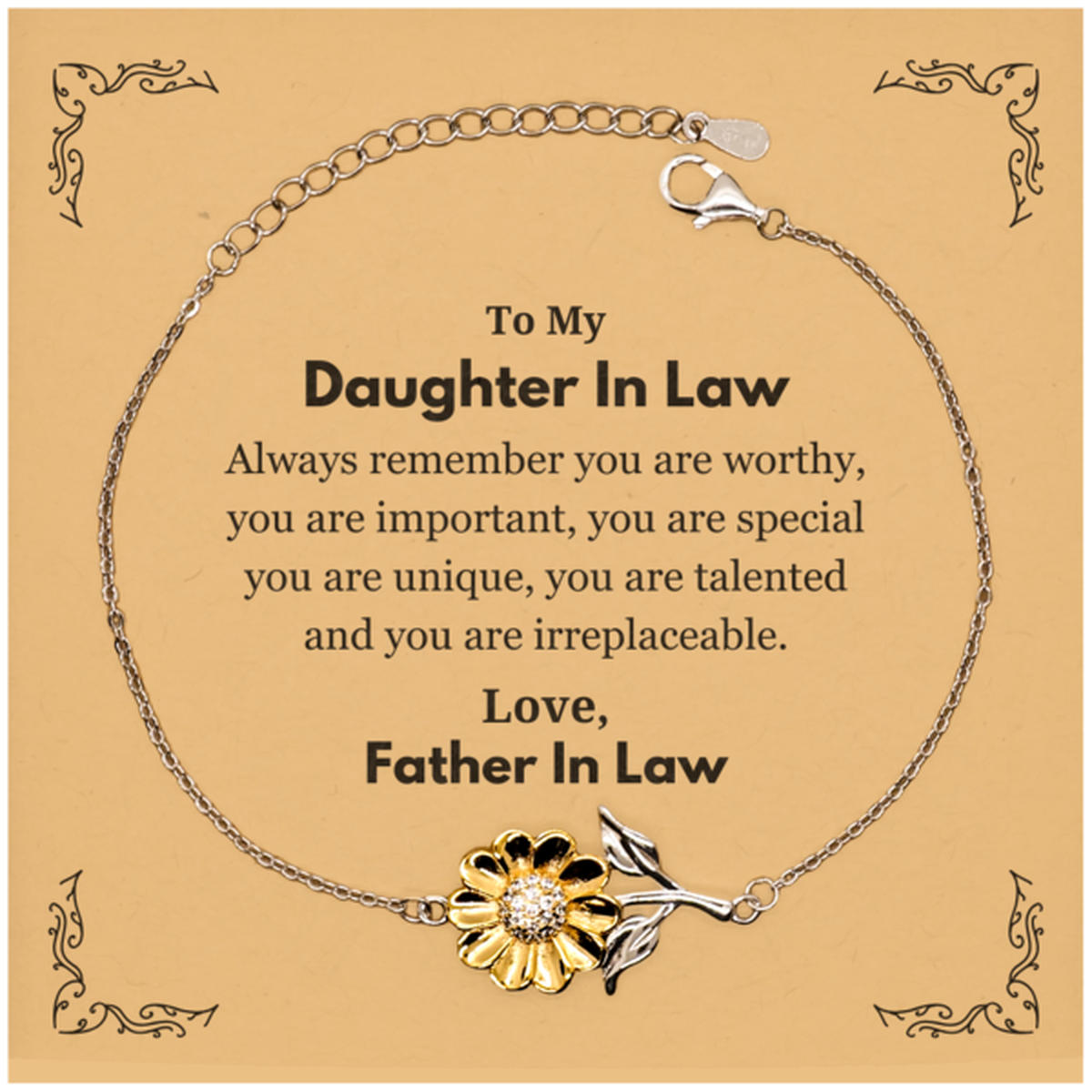 Daughter In Law Birthday Gifts from Father In Law, Inspirational Sunflower Bracelet for Daughter In Law Christmas Graduation Gifts for Daughter In Law Always remember you are worthy, you are important. Love, Father In Law