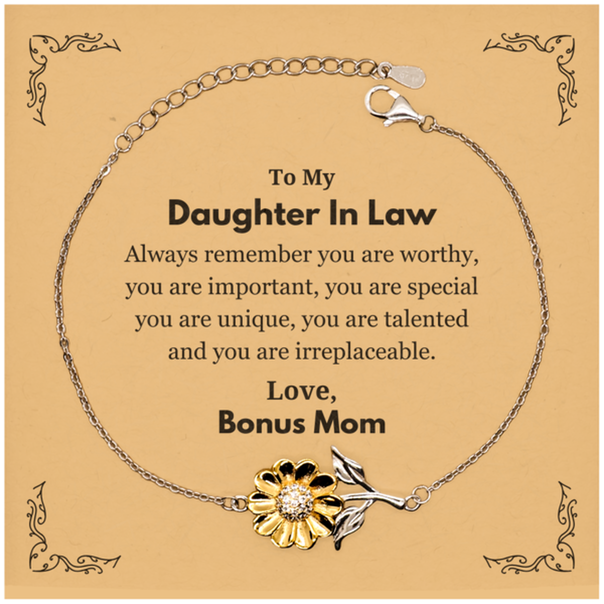 Daughter In Law Birthday Gifts from Bonus Mom, Inspirational Sunflower Bracelet for Daughter In Law Christmas Graduation Gifts for Daughter In Law Always remember you are worthy, you are important. Love, Bonus Mom