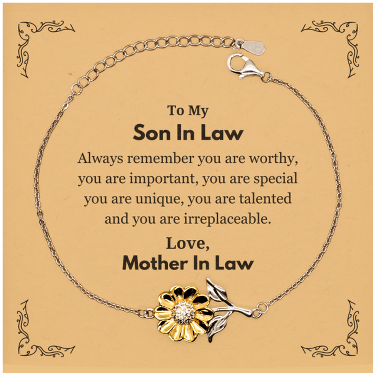 Son In Law Birthday Gifts from Mother In Law, Inspirational Sunflower Bracelet for Son In Law Christmas Graduation Gifts for Son In Law Always remember you are worthy, you are important. Love, Mother In Law