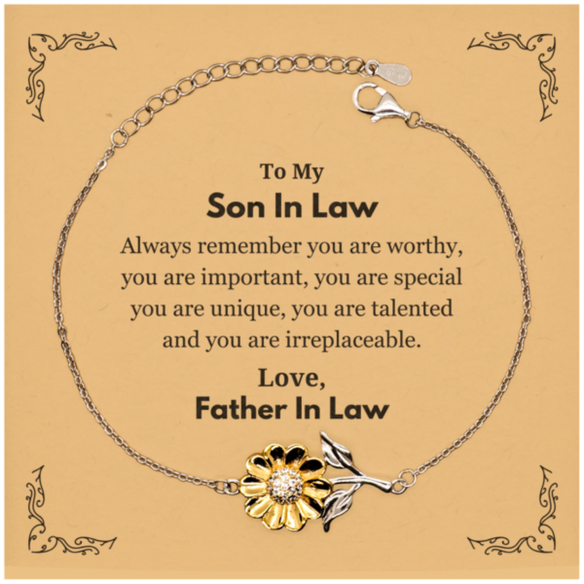 Son In Law Birthday Gifts from Father In Law, Inspirational Sunflower Bracelet for Son In Law Christmas Graduation Gifts for Son In Law Always remember you are worthy, you are important. Love, Father In Law