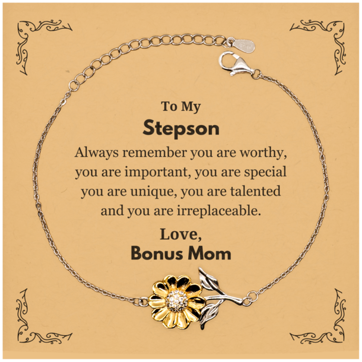 Stepson Birthday Gifts from Bonus Mom, Inspirational Sunflower Bracelet for Stepson Christmas Graduation Gifts for Stepson Always remember you are worthy, you are important. Love, Bonus Mom