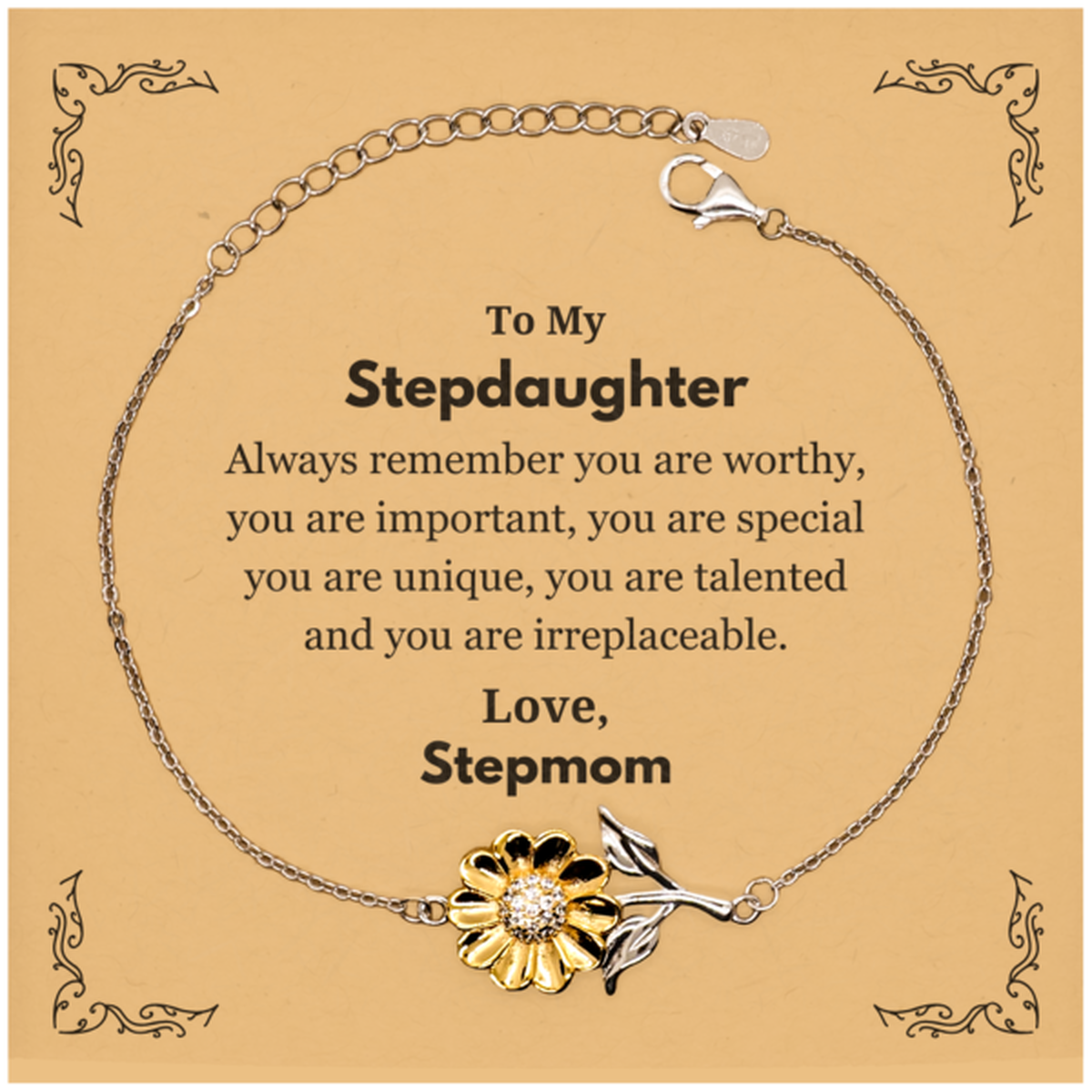 Stepdaughter Birthday Gifts from Stepmom, Inspirational Sunflower Bracelet for Stepdaughter Christmas Graduation Gifts for Stepdaughter Always remember you are worthy, you are important. Love, Stepmom