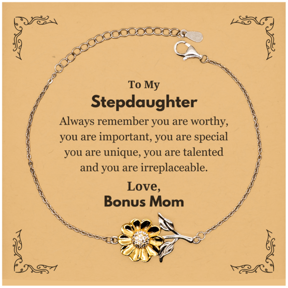Stepdaughter Birthday Gifts from Bonus Mom, Inspirational Sunflower Bracelet for Stepdaughter Christmas Graduation Gifts for Stepdaughter Always remember you are worthy, you are important. Love, Bonus Mom
