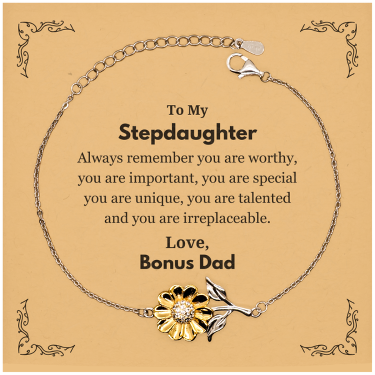 Stepdaughter Birthday Gifts from Bonus Dad, Inspirational Sunflower Bracelet for Stepdaughter Christmas Graduation Gifts for Stepdaughter Always remember you are worthy, you are important. Love, Bonus Dad