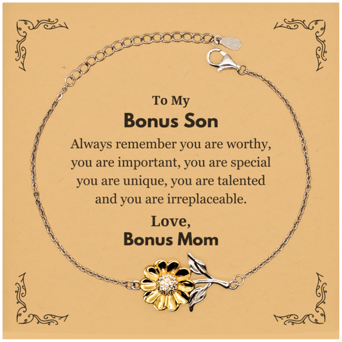 Bonus Son Birthday Gifts from Bonus Mom, Inspirational Sunflower Bracelet for Bonus Son Christmas Graduation Gifts for Bonus Son Always remember you are worthy, you are important. Love, Bonus Mom