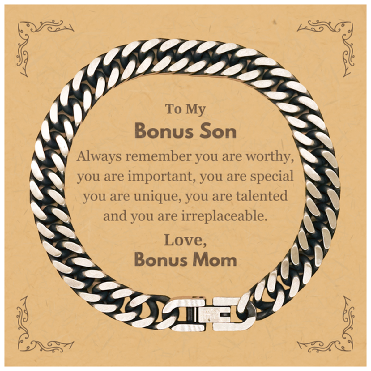 Bonus Son Birthday Gifts from Bonus Mom, Inspirational Cuban Link Chain Bracelet for Bonus Son Christmas Graduation Gifts for Bonus Son Always remember you are worthy, you are important. Love, Bonus Mom