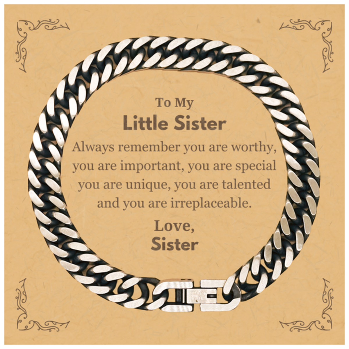 Little Sister Birthday Gifts from Sister, Inspirational Cuban Link Chain Bracelet for Little Sister Christmas Graduation Gifts for Little Sister Always remember you are worthy, you are important. Love, Sister