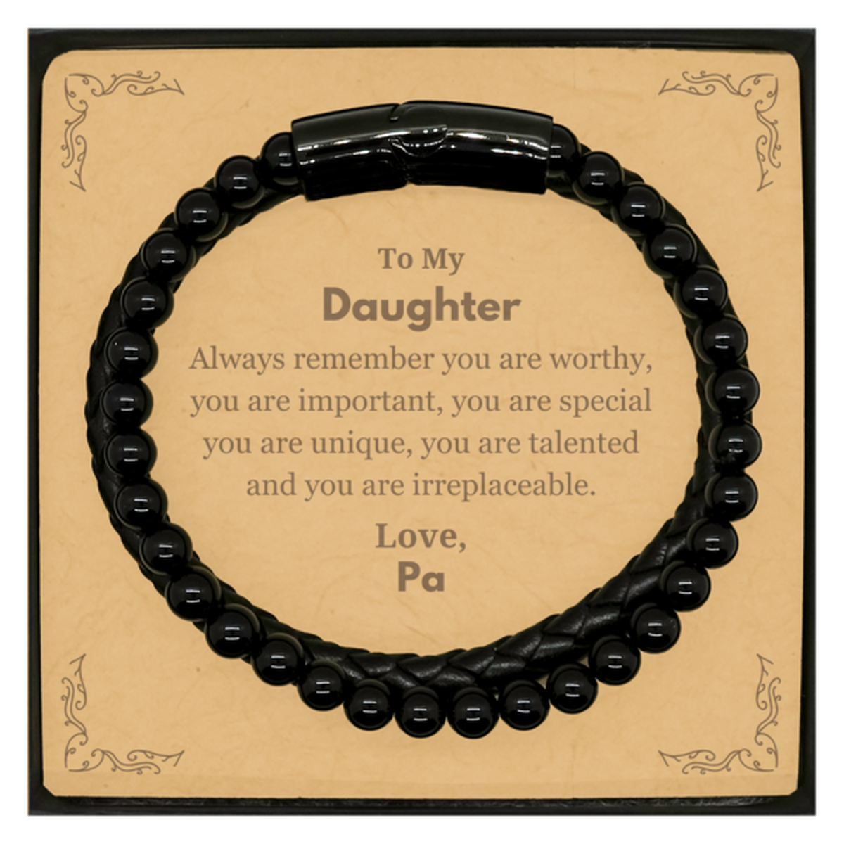 Daughter Inspirational Stone Leather Bracelet - Always Remember You Are Worthy | Birthday and Graduation Gift