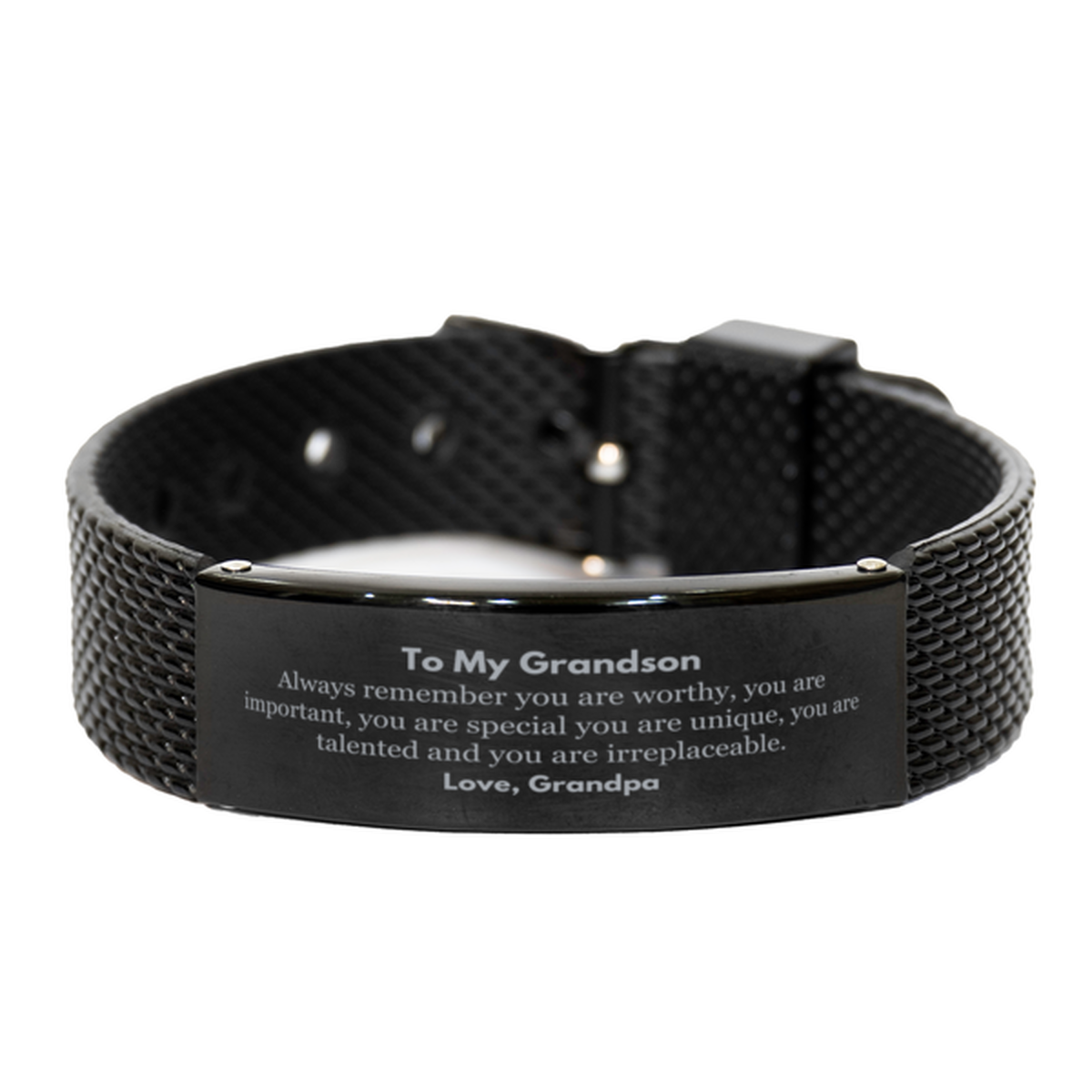 Grandson Birthday Gifts from Grandpa, Inspirational Black Shark Mesh Bracelet for Grandson Christmas Graduation Gifts for Grandson Always remember you are worthy, you are important. Love, Grandpa