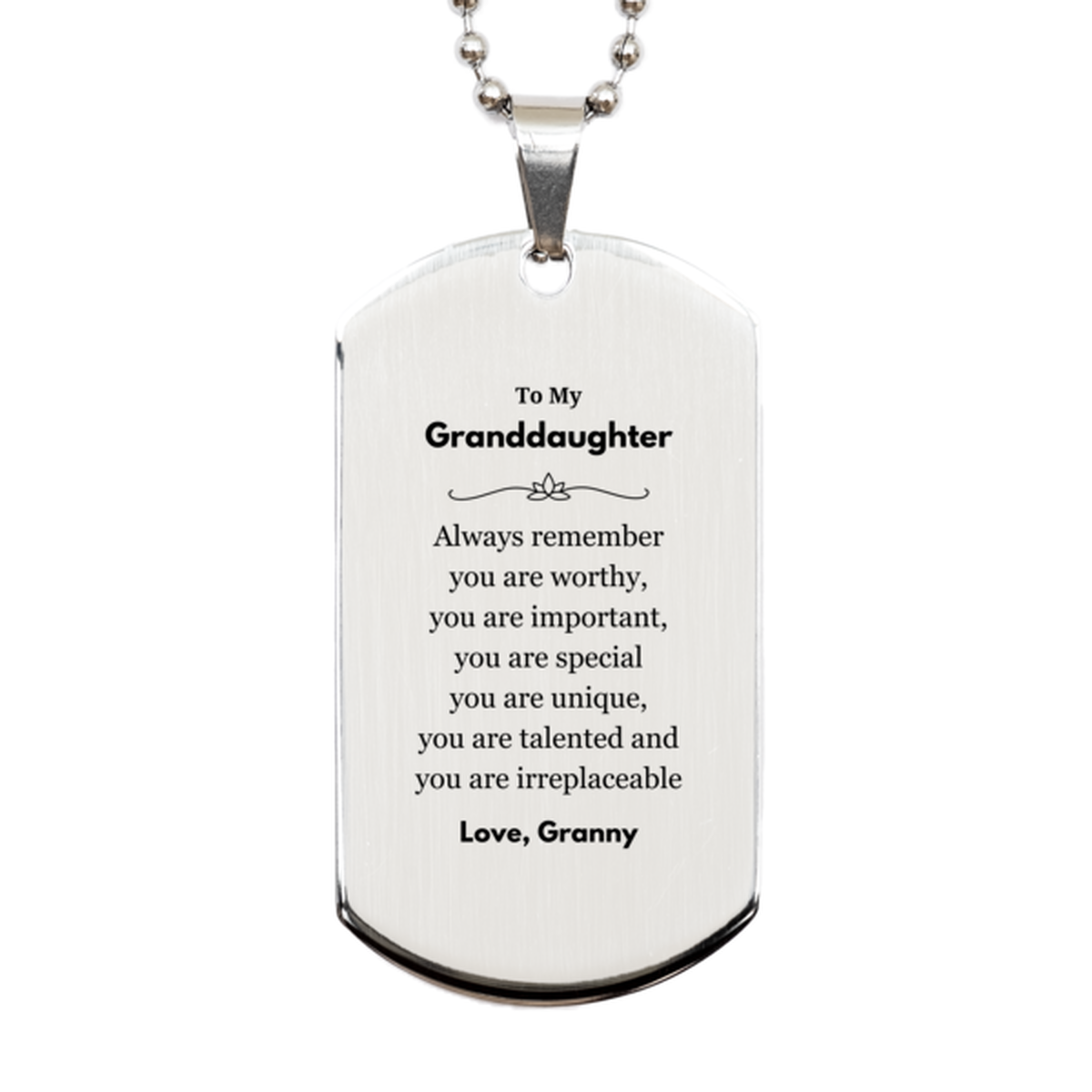 Granddaughter Birthday Gifts from Granny, Inspirational Silver Dog Tag for Granddaughter Christmas Graduation Gifts for Granddaughter Always remember you are worthy, you are important. Love, Granny