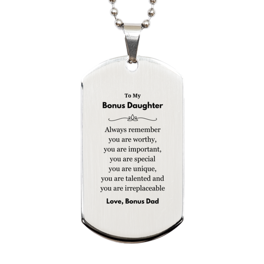 Bonus Daughter Silver Dog Tag Necklace - Inspirational Message | Birthday & Graduation Gift