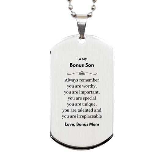 Bonus Son Silver Dog Tag Necklace - Always Remember You Are Important | Birthday Gift
