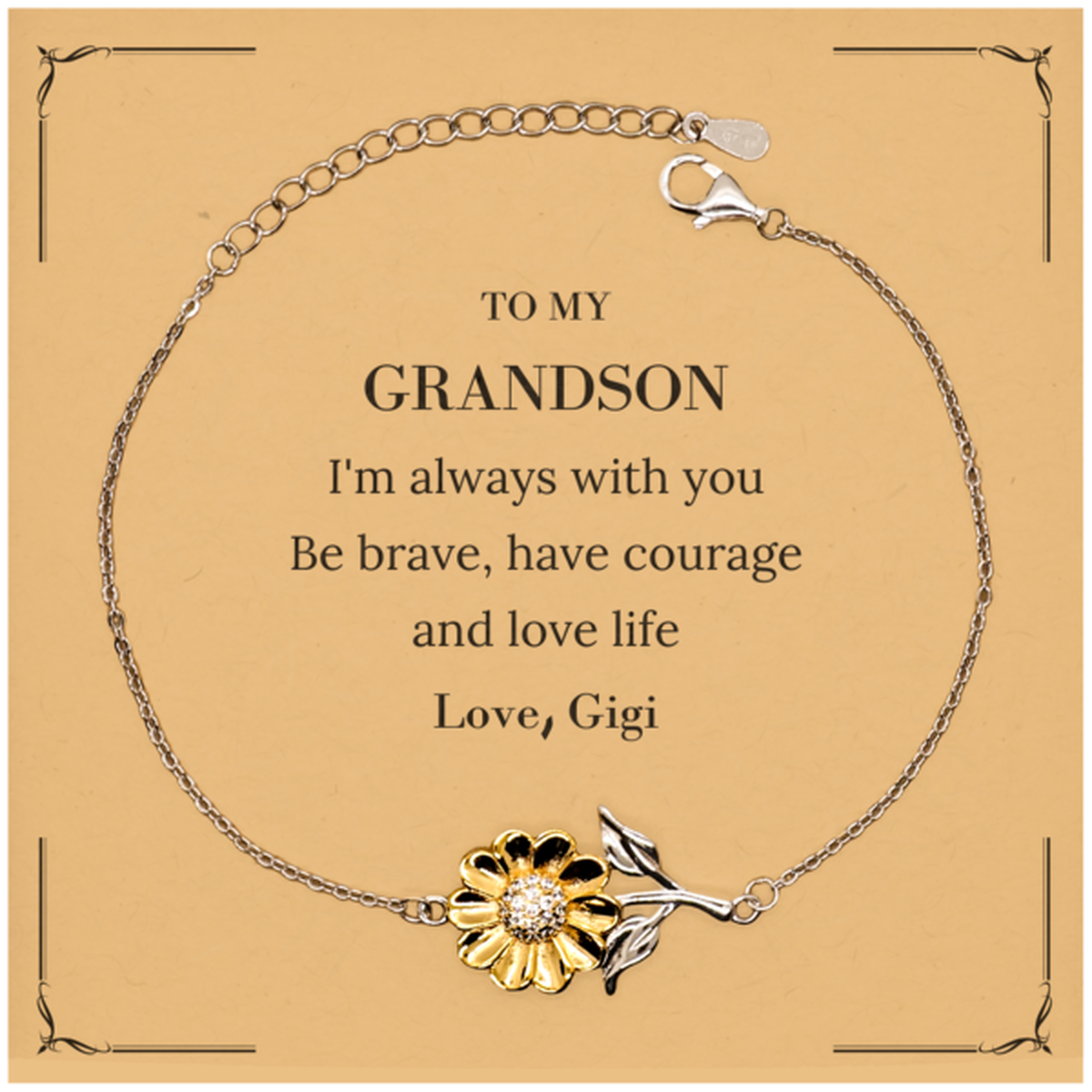 To My Grandson Gifts from Gigi, Unique Sunflower Bracelet Inspirational Christmas Birthday Graduation Gifts for Grandson I'm always with you. Be brave, have courage and love life. Love, Gigi