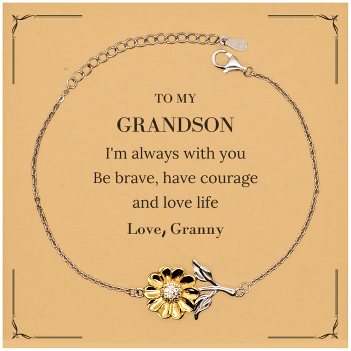 To My Grandson Gifts from Granny, Unique Sunflower Bracelet Inspirational Christmas Birthday Graduation Gifts for Grandson I'm always with you. Be brave, have courage and love life. Love, Granny