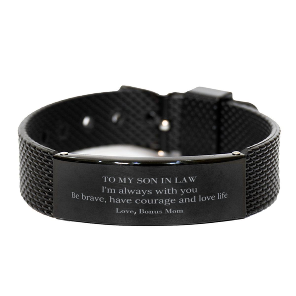To My Son In Law Gifts from Bonus Mom, Unique Black Shark Mesh Bracelet Inspirational Christmas Birthday Graduation Gifts for Son In Law I'm always with you. Be brave, have courage and love life. Love, Bonus Mom