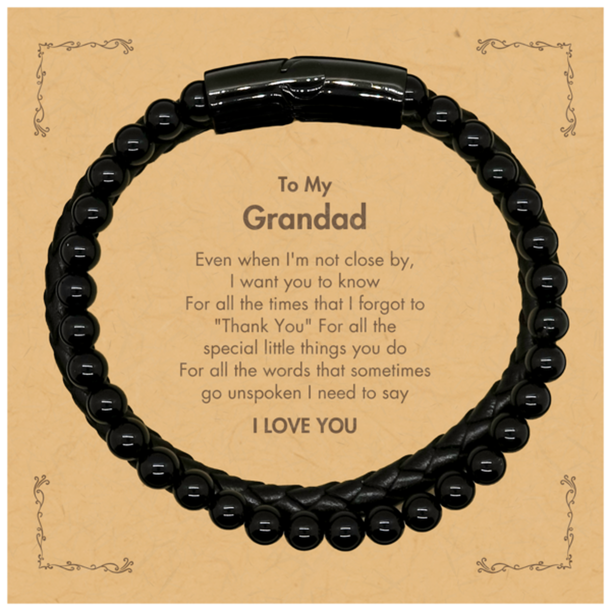 Grandad Stone Leather Bracelet - I Love You Design | Birthday and Father's Day Gift