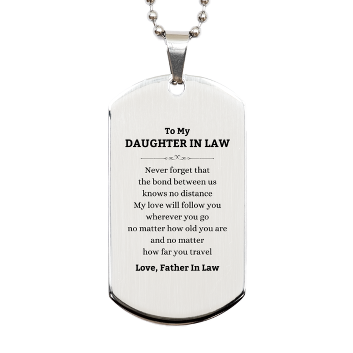 Daughter In Law Silver Dog Tag Necklace - Love Knows No Distance | Birthday and Christmas Gift