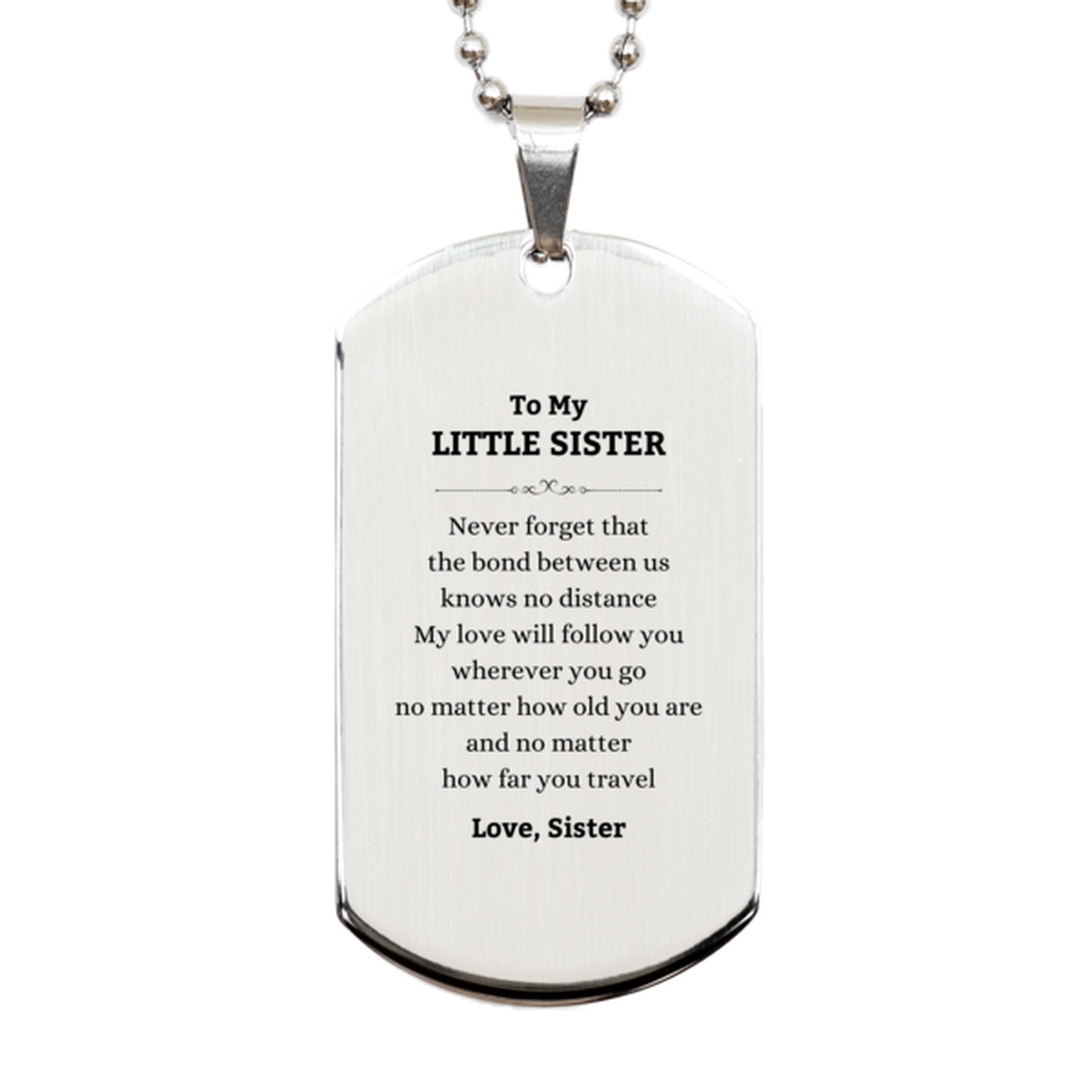 Little Sister Birthday Gifts from Sister, Adjustable Silver Dog Tag for Little Sister Christmas Graduation Unique Gifts Little Sister Never forget that the bond between us knows no distance. Love, Sister