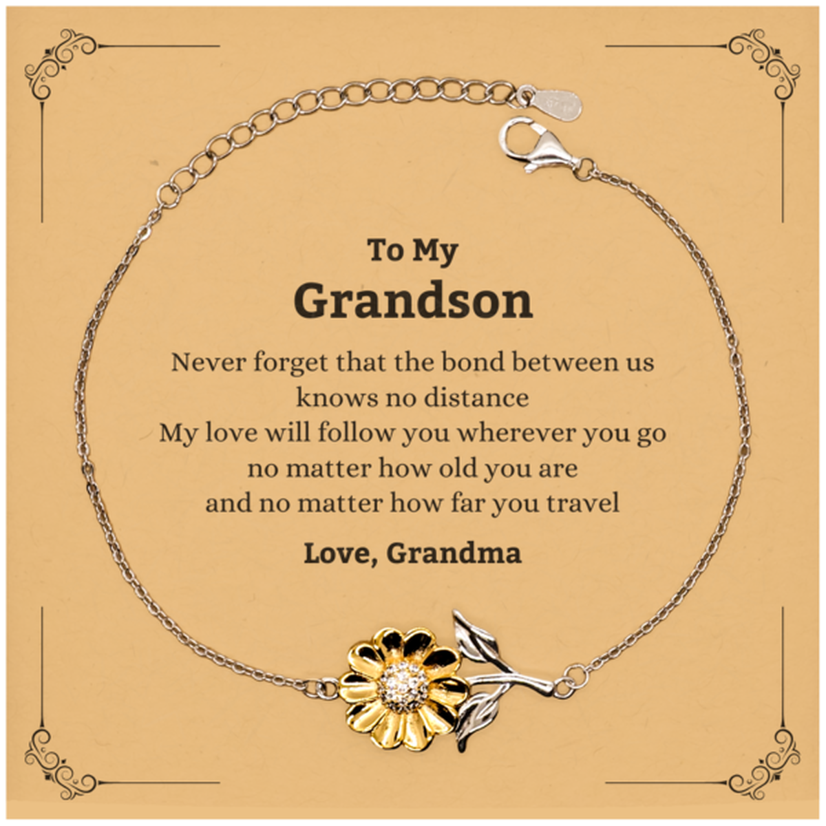 Grandson Birthday Gifts from Grandma, Adjustable Sunflower Bracelet for Grandson Christmas Graduation Unique Gifts Grandson Never forget that the bond between us knows no distance. Love, Grandma