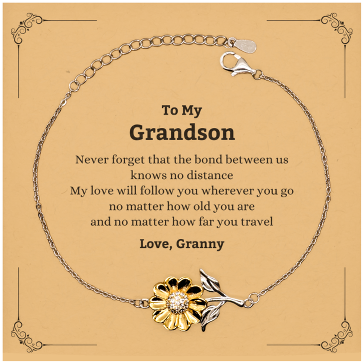 Grandson Birthday Gifts from Granny, Adjustable Sunflower Bracelet for Grandson Christmas Graduation Unique Gifts Grandson Never forget that the bond between us knows no distance. Love, Granny