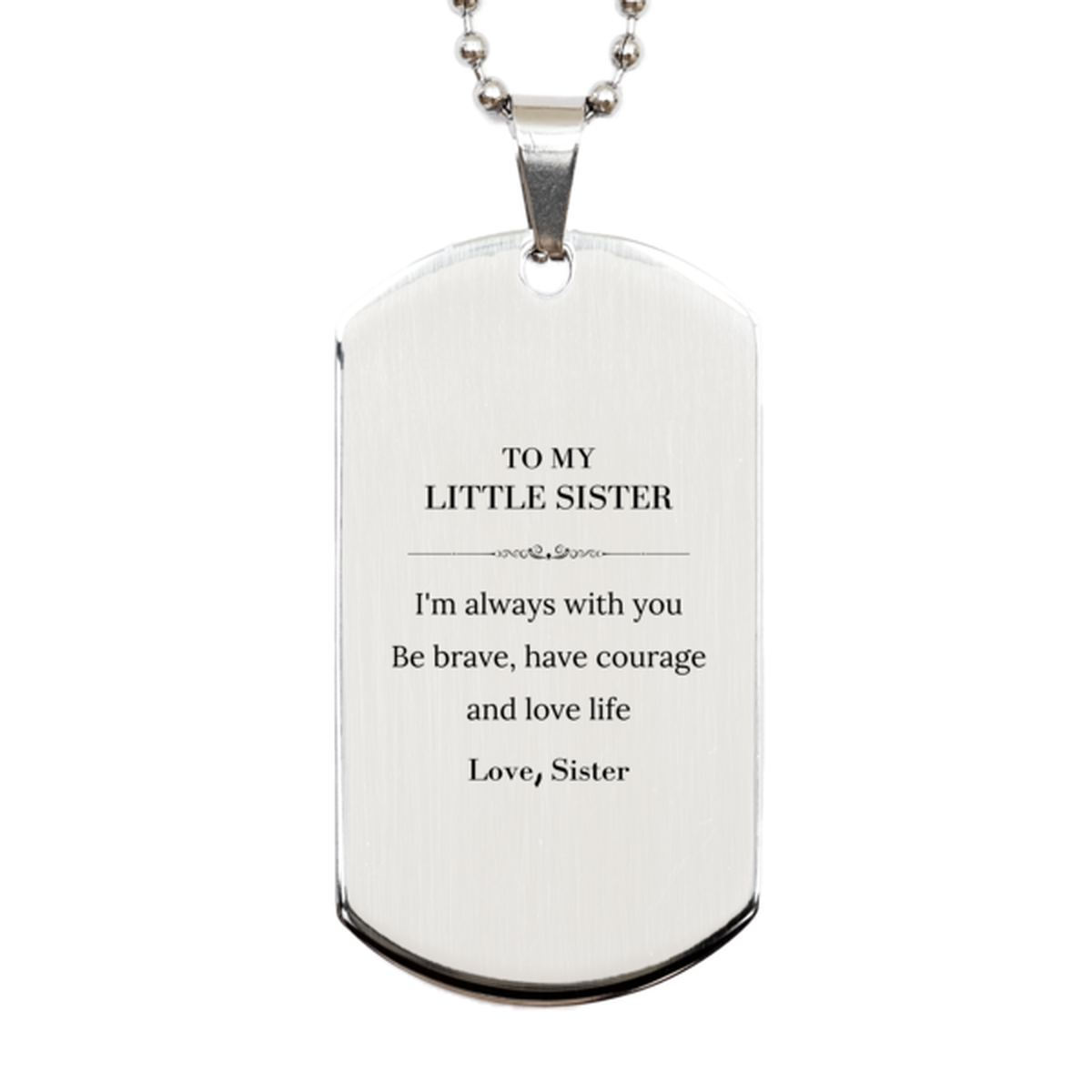 To My Little Sister Gifts from Sister, Unique Silver Dog Tag Inspirational Christmas Birthday Graduation Gifts for Little Sister I'm always with you. Be brave, have courage and love life. Love, Sister
