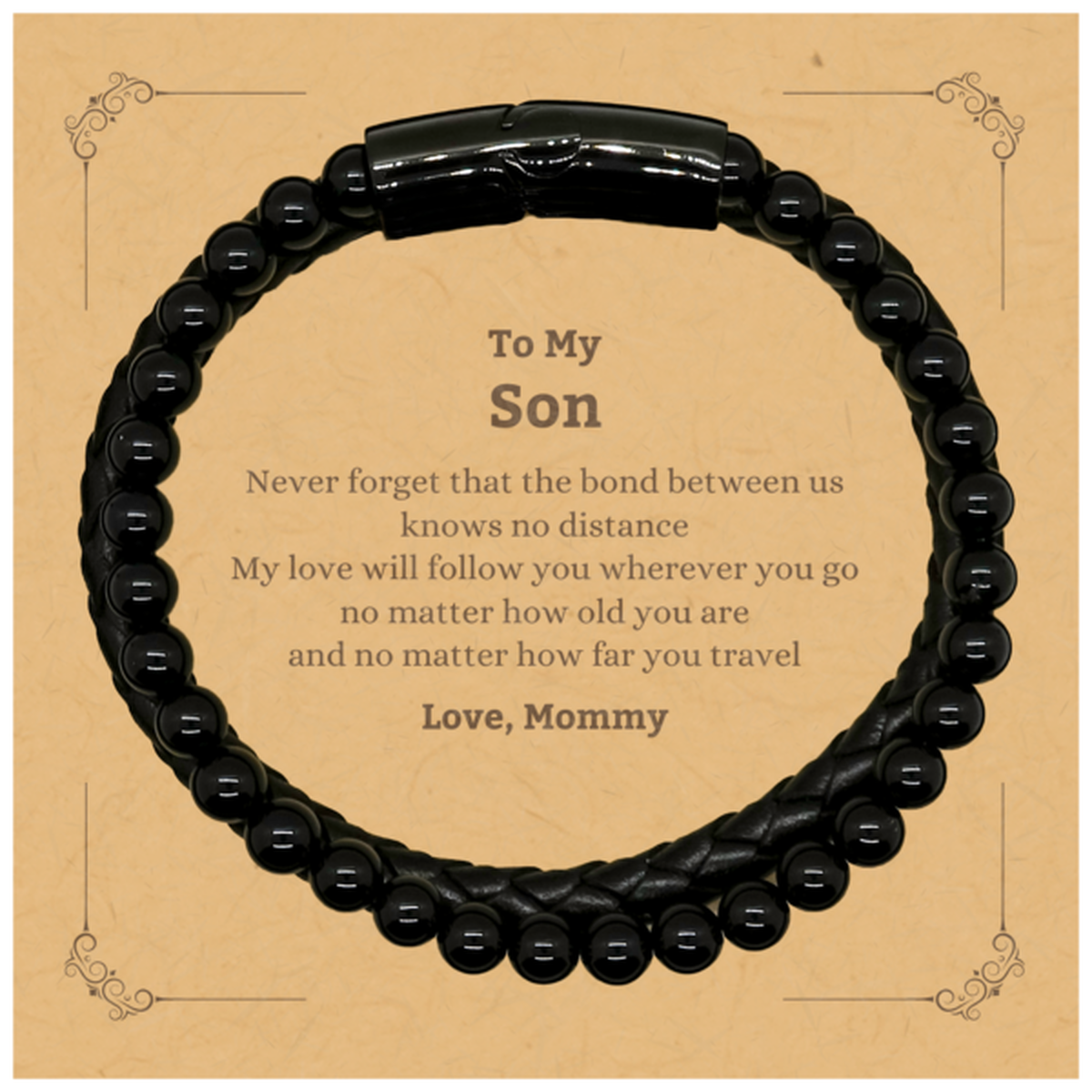 Son Birthday Gifts from Mommy, Adjustable Stone Leather Bracelets for Son Christmas Graduation Unique Gifts Son Never forget that the bond between us knows no distance. Love, Mommy