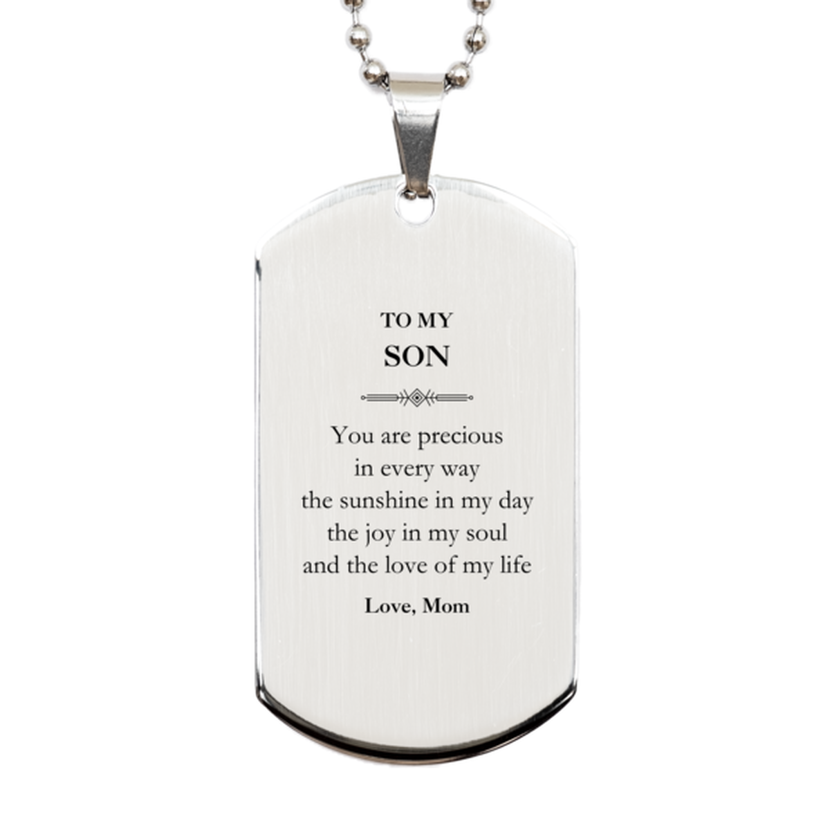 Graduation Gifts for Son Silver Dog Tag Present from Mom, Christmas Son Birthday Gifts Son You are precious in every way the sunshine in my day. Love, Mom