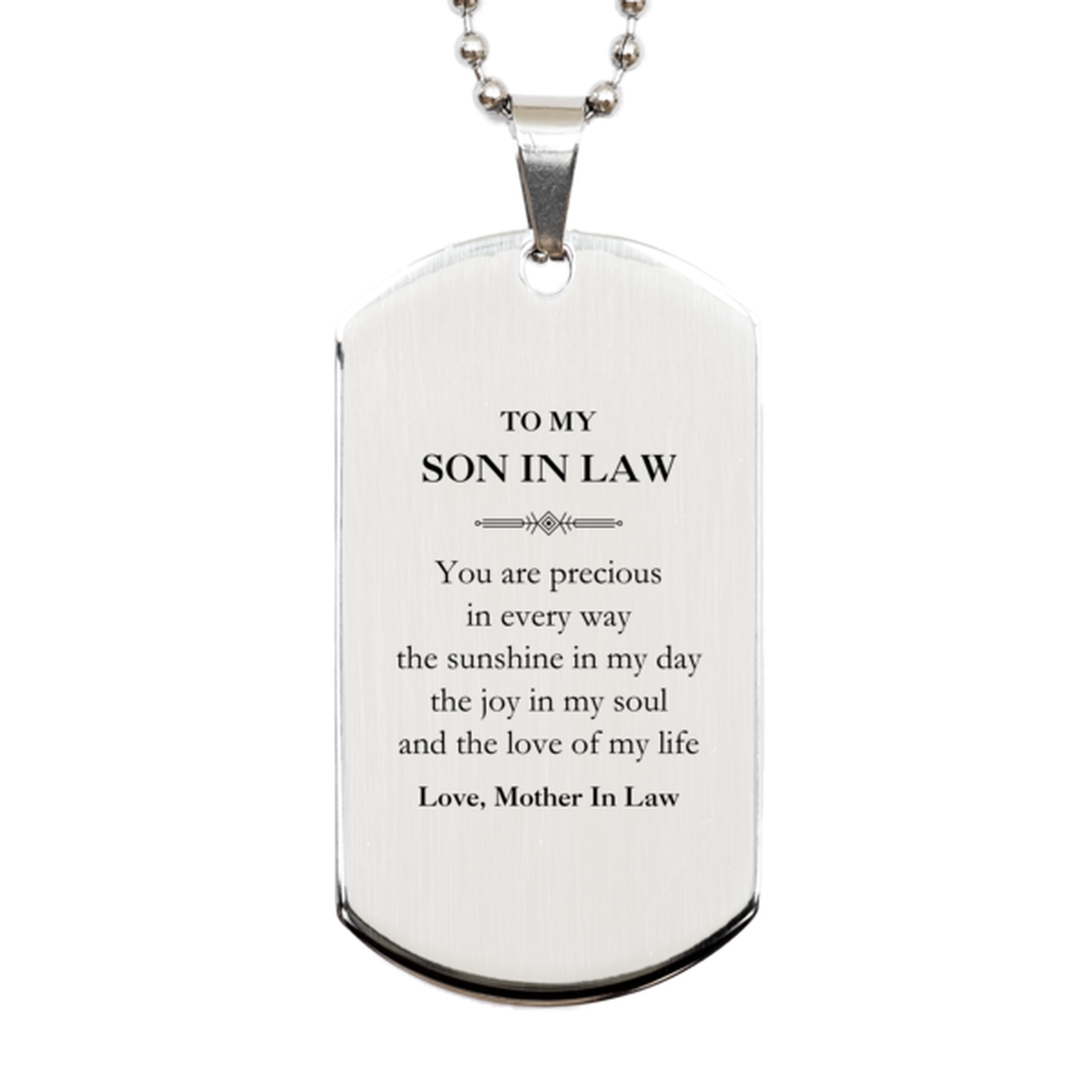 Graduation Gifts for Son In Law Silver Dog Tag Present from Mother In Law, Christmas Son In Law Birthday Gifts Son In Law You are precious in every way the sunshine in my day. Love, Mother In Law