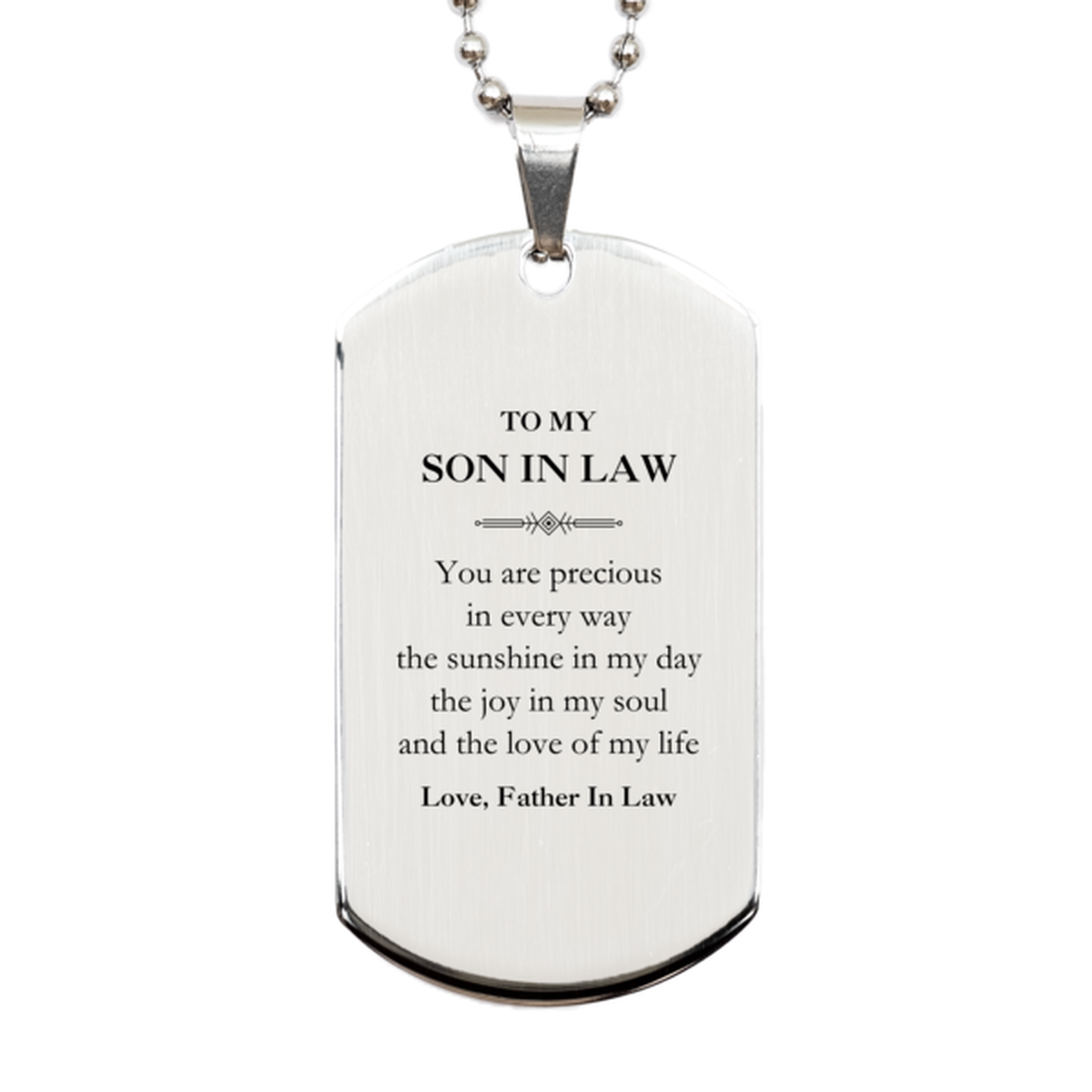 Graduation Gifts for Son In Law Silver Dog Tag Present from Father In Law, Christmas Son In Law Birthday Gifts Son In Law You are precious in every way the sunshine in my day. Love, Father In Law